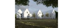 three white houses in the middle of a field