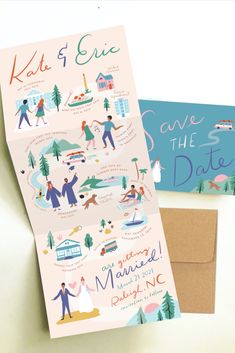 the wedding stationery and save the date card are displayed on top of an envelope