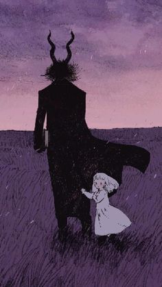 an illustration of a man and woman in a field with horns on their heads, facing each other