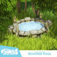 an animated rendering of a swimming pool surrounded by lush green grass and trees, with the text'the sims 4 custom content retrieving pool '