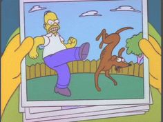 the simpsons is playing with his dog in front of an image of himself jumping into the air