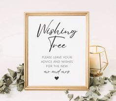 a sign that reads, wishing tree please leave your advice and wishes for the new mr and mrs