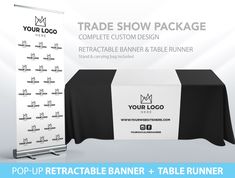 the trade show package is ready to be used as a table runner and display stand