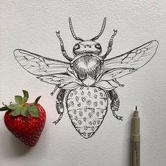 a drawing of a bee sitting on top of a strawberry next to a marker pen