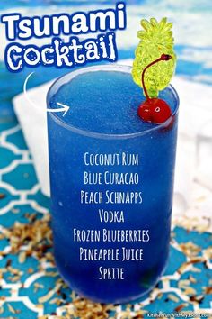 a blue cocktail with an orange garnish on the rim and text that reads, tsunami cocktail coconut rum blue curacco peach schnaps vodka frozen blueberries pineapple pineapple juice