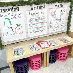 two bulletin boards with writing on them in front of some bins