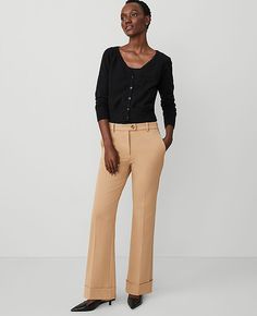 The versatile, streamlined look is back - our cuffed trouser pant is ultra flattering. Front zip with extended button tab closure. Front off-seam pockets. Back besom pockets.,Leg Shape:Leg Shape: Trouser – a pant with a bit of flare that lengthens legs,Rise:High rise: sits 1/2" to 1" below natural waist,Imported:Imported,Fit:Fit: Tailored & fitted,Length:Full length: 31 1/2" inseam with 22" leg opening,Fabrication:64% Polyester, 31% Viscose, 5% Elastane,Garment Care:Machine Washable The Cuffed T Flaired Jeans, Cuffed Pants, Line Shopping, Small Waist, Denim Pant, Effortless Style, Ann Taylor, Camel, Trousers