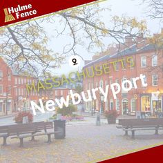 there are two benches in the middle of this square with text overlay that reads massachusetts's newbury port