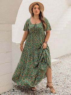 Green Boho Collar Short Sleeve Woven Fabric Plants,Ditsy Floral,All Over Print A Line Embellished Non-Stretch  Women Plus Clothing Boho Mom Style Plus Size, Hot Weather Outfits Plus Size, Boho Outfits Plus Size, Plus Size Boho Fashion, Plus Size Cottagecore Fashion, Boho Mom Style, Mama Aesthetic, Postpartum Outfits, Plus Size Fashion For Women Summer