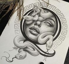 a drawing of a woman's face with snakes around her