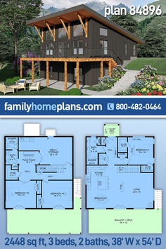 two story house plan with 3 beds, 2 baths, 3 / 4 bathrooms and an attached garage