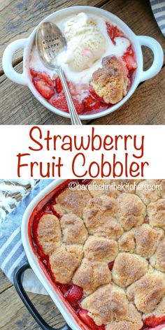 strawberry fruit cobbler with ice cream and strawberries in the bowl is ready to be eaten