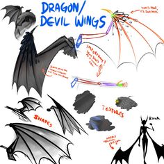 some type of dragon and devil wings that are drawn in different colors, shapes, and sizes