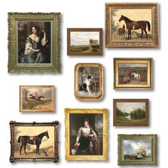 a collection of framed paintings depicting horses and people