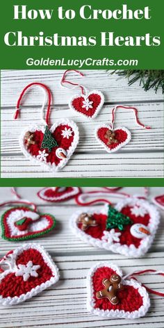 crocheted christmas ornaments with text overlay that says how to crochet christmas hearts