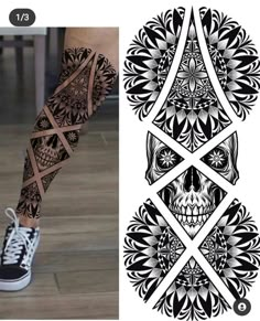 a woman's leg with tattoos on it and an image of a skull in the middle