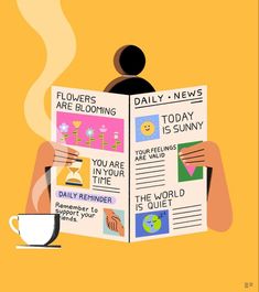 a person reading a newspaper next to a cup of coffee and a mug on a yellow background