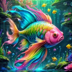 a painting of a colorful fish in the water with bubbles and algaes around it