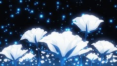 some white flowers are in the dark with blue lights on them and sparkles all around