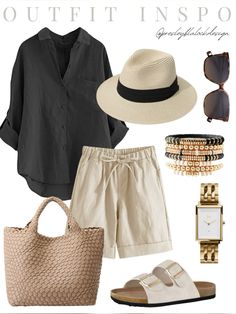 Older Women Beach Outfits, Outfit With Linen Shorts, Weekend In The Hamptons Outfits, Over 50 Cruise Outfits, Linen Summer Outfits Women, Cruise Outfit Ideas For Women, Chic Summer Outfits 2024, Chilly Beach Day Outfit, Outfit Inspo For Spring