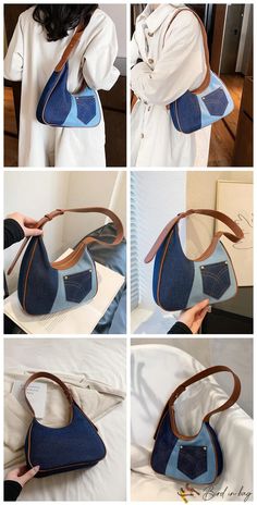 four different pictures of the same handbag, one in blue and one in white