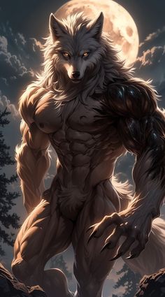 a wolf standing in front of a full moon with his hands on his hips and looking at the camera