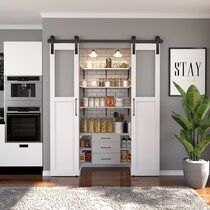 an open pantry in the corner of a room with a potted plant next to it