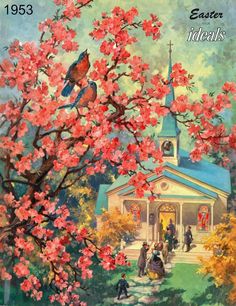 a painting of a church with flowers and birds on the tree branches in front of it