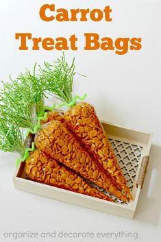 carrot treat bags in a tray with green sprouts on top and text overlay that says carrot treat bags