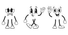 three cartoon faces with different expressions and hands up in the air, one on top of the