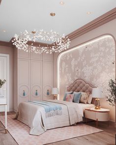 a bedroom with a large bed and chandelier hanging from the ceiling