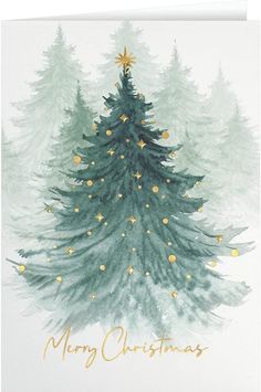 a watercolor painting of a christmas tree with gold stars on it's top