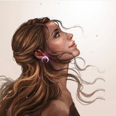 a digital painting of a woman's profile with her hair blowing in the wind