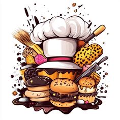 a chef hat surrounded by donuts and other food items