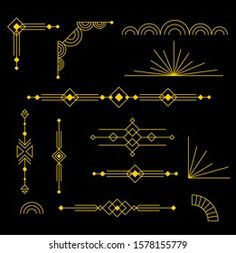 a set of art deco design elements in gold and black colors on a dark background