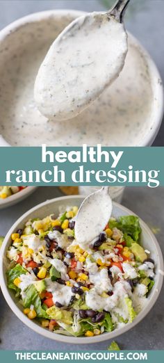 a white bowl filled with ranch dressing and a spoon full of dressing in the background