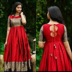 Saree To Long Gown, Neck Designs For Pattu Dresses, Long Gown Dress Neck Design, Saree Come Gown, Long Dress Back Design, Long Frocks From Sarees, Design For Long Dresses, Saree Dress Back Neck Designs, Long Gown Dress From Saree Back Design