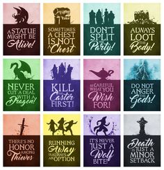 the wizard's silhouettes are in different colors and font, including one that says it