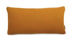 an orange knitted pillow on a white background, with a black button at the bottom