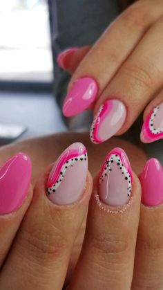 Cute Summer 2024 Nails, Fun Mail Designs, Pink Nails White Dots, Nail Ideas Senior Pictures, Nails Design Preppy, Trendy Round Nails Short, One Nail Design Ideas, Fruit Nails Art, May Gel Nail Ideas