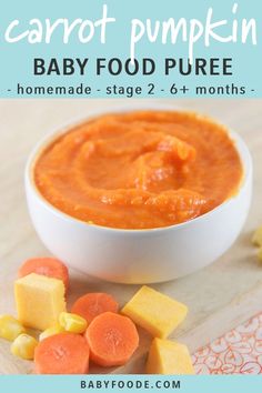 carrot pumpkin baby food puree in a white bowl