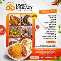 the menu for oma's delicacy is displayed on an orange and white background