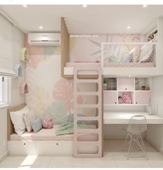 a bedroom with a bunk bed, desk and chair next to a wallpapered mural