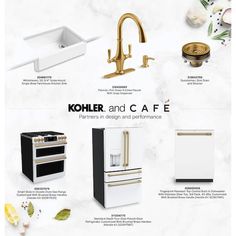 an advertisement for kohle and cafe features gold fixtures, white appliances, and marble countertops