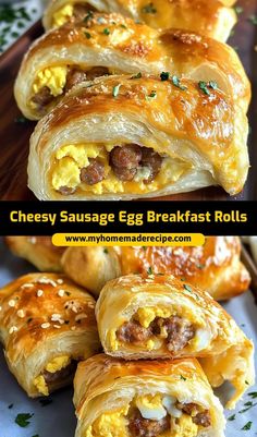 cheesy sausage egg breakfast rolls on a platter with the title above it