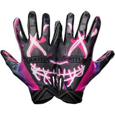 a pair of pink and black gloves on top of each other in front of a white background