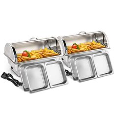 two stainless steel buffet style food warmers with removable trays on each side