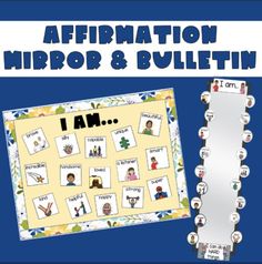 an affirmation mirror and bulletin board with pictures on the front, in blue background