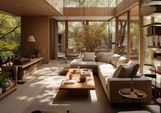 a living room filled with lots of furniture next to a window covered in glass and wood