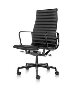 an office chair with black leather upholstered seat and arms, viewed from the front